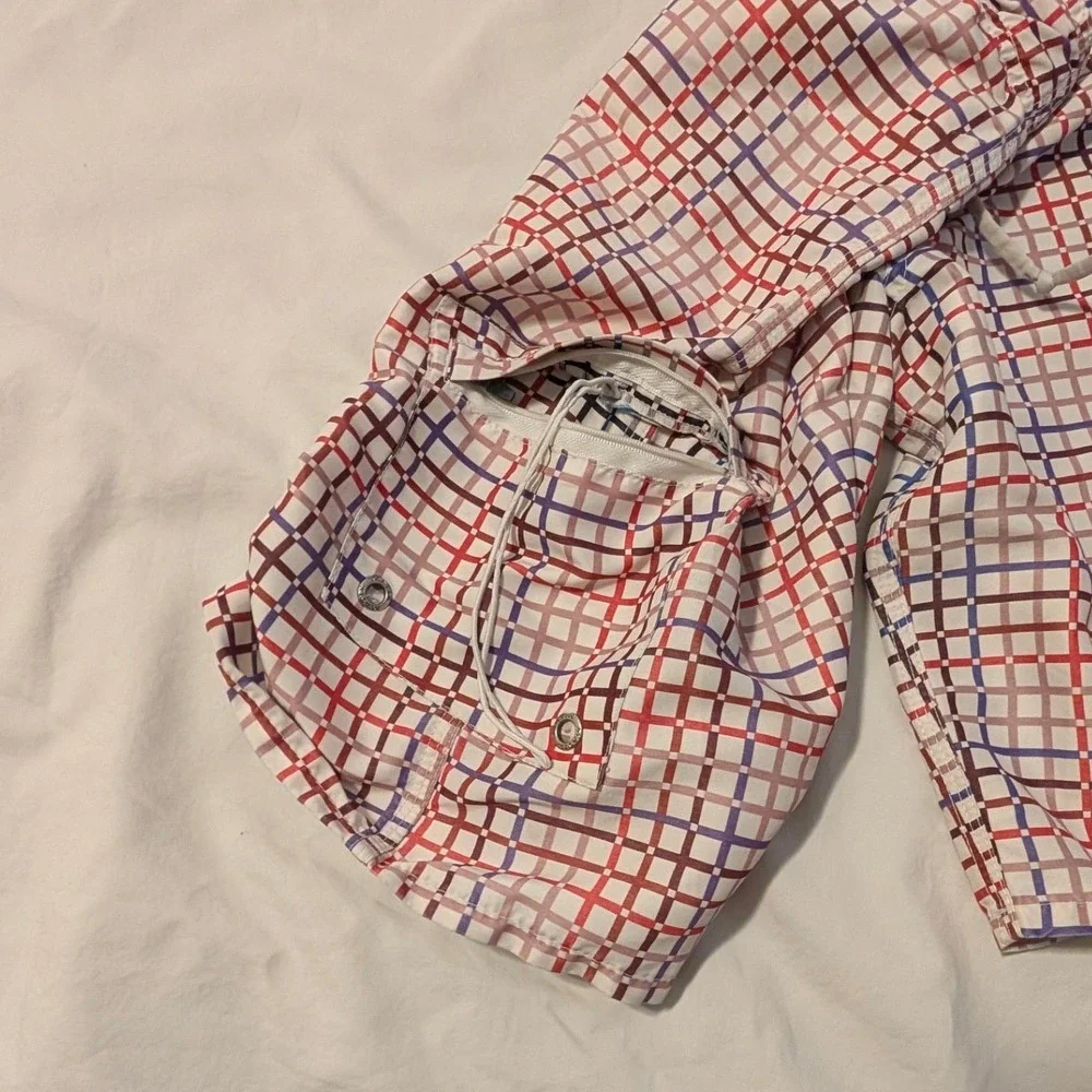 Matix Mens Board Shorts Size 32 White Red Blue Grid Plaid Swim Trunks Surf